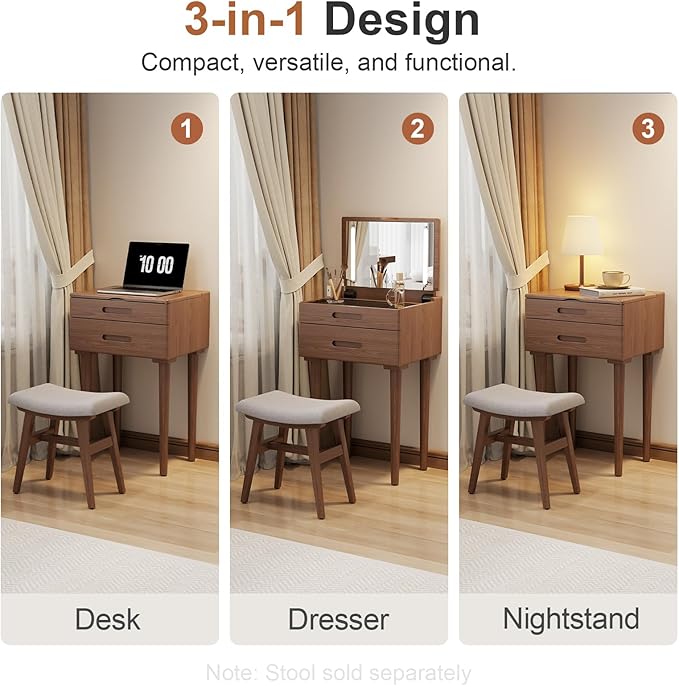 Solid Wood Small Vanity Desk with Mirror and Lights, Narrow Makeup Vanity for Small Space, Flip Top Vanity Side Table, 3 Color Modes & Adjustable Brightness, 19.6" Slim Dressing Table, Walnut