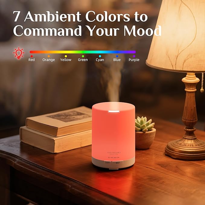 ASAKUKI Essential Oil Diffuser, 5-in-1 Quiet Humidifier, Home Fragrance Aroma Diffuser with 7 LED Color Changing Light and Auto-Off Switch (Pure White)