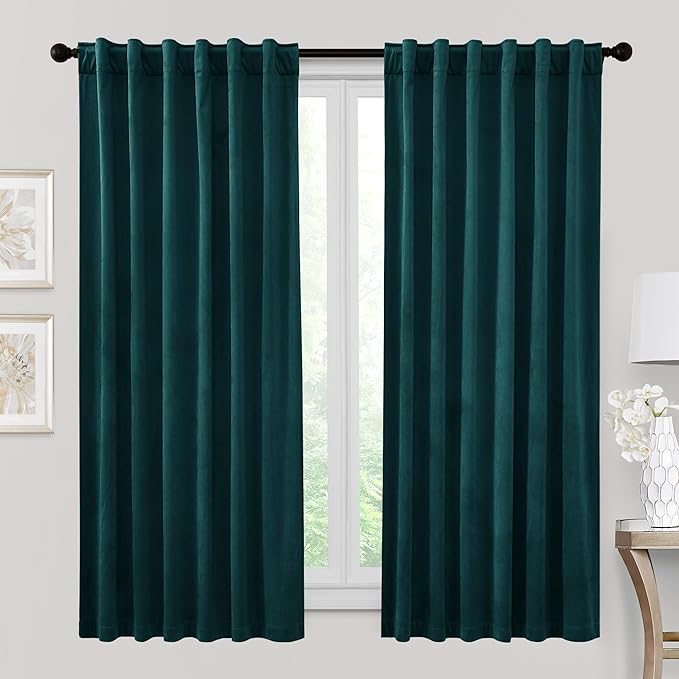 RYB HOME Velvet Curtains 72 inches Length, Back Tab & Rod Pocket Soft Fabric Curtains & Drapes for Bedroom Bathroom Cafe, Peacock Blue, W 42 x L 72, 2 Panels Set