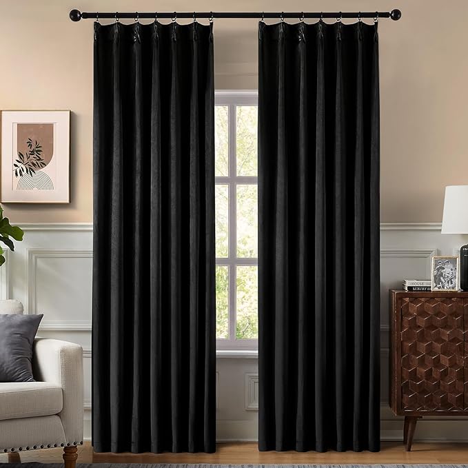 Pinch Pleated 100% Blackout Curtains for Bedroom, Black Velvet Curtains for Living Room, Black Out Curtain 86 inch Long Room Darkening, Blackout Pinch Pleat Drapes with Hooks 2 Panels