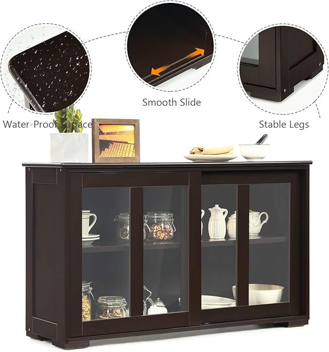 Costzon Sideboard Buffet Cabinet, Wooden Kitchen Storage Cabinet with Adjustable Shelf, Sliding Glass Doors, Accent Coffee Bar Cabinet Console Table for Living Room, Dining Room, Hallway (Coffee)