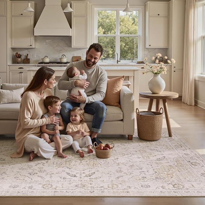 PADOOR 6X9 Area Rug,Rugs for Living Room,Soft Beige Rugs for Bedroom,Machine Washable Rug Non Slip Carpet for Dining Room Living Room Bedside Office