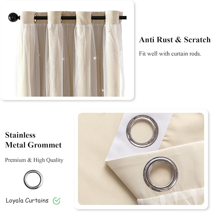 Star Double Layer Blackout Curtains for Bedroom & Kids, Cute, 108 Inches Long, 2 Panels Set, Beige, 42 X 108 Inches