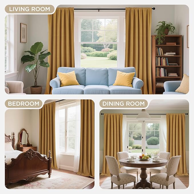 Joydeco Mustard Yellow 100% Blackout Curtains 90 Inch 2 Panels, Luxury Thermal Yellow Velvet Curtains for Bedroom Living Room, Soundproof Blackout Window Drapes, Grommet Top (52W x 90L)
