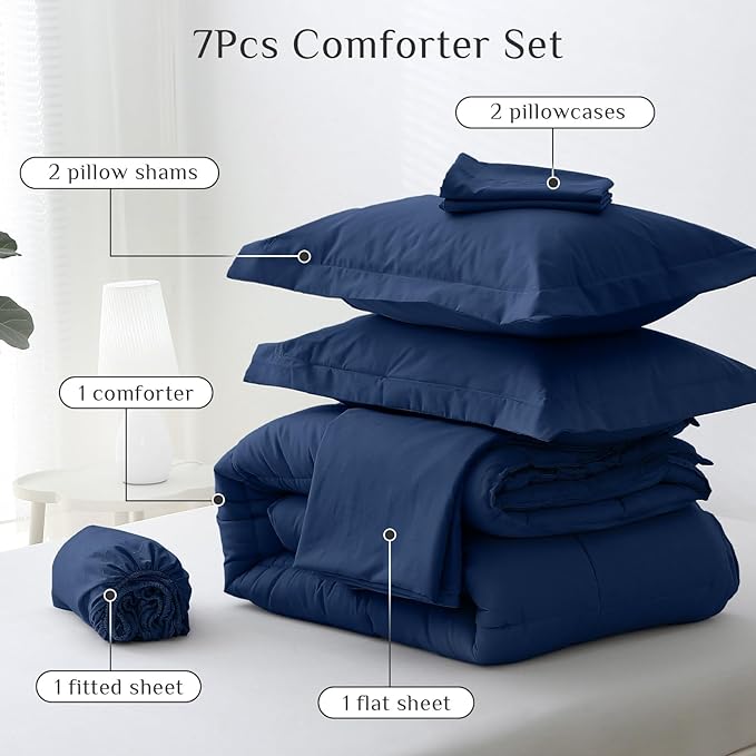 JOLLYVOGUE King Comforter Set, Ultra-Soft Bed in a Bag King Size 7 Pieces, Oeko-TEX Certified Bedding Set with Down Alternative Comforter, Sheets, Pillowcases & Shams, Navy
