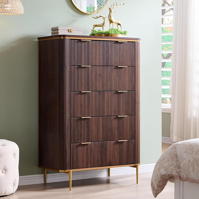 T4TREAM Fluted 5 Drawers Dresser for Bedroom, 48" Tall Modern Dresser Chest of Drawers, Gold Accents, Fluted Fronts, Wood Storage Dressers Organizer for Bedroom, Living Room, Dark Walnut