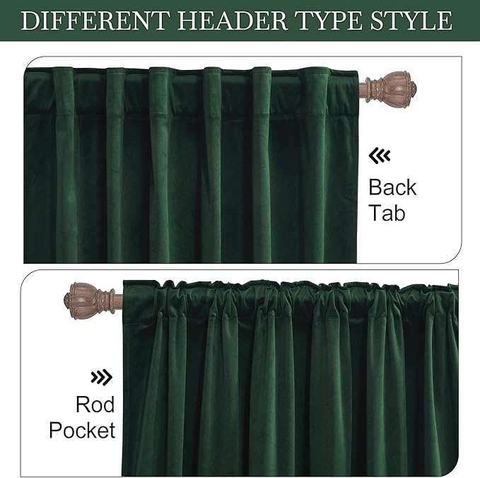 RYB Home Green Living Room Curtains, Vintage Velvet Drape Soft Durable Texture Room Darkening Privacy Window Treatment Decorative Backdrop Thermal Curtain for Bedroom, W52 x L90 inch, 2 Panel