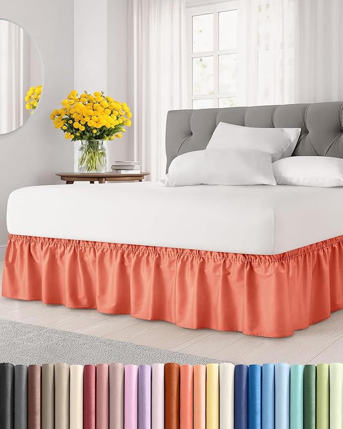 Wrap Around Dust Ruffle Bed Skirt - Coral - Twin/Twin XL Size Beds with 15 Inch Drop - Easy Fit Elastic Strap - Adjustable Pleated Bedskirt w/Brushed Fabric - Wrinkle Free - Women, Men, Kids & Teens