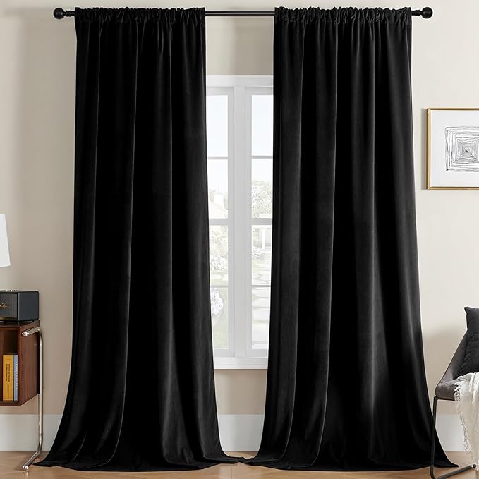 Joydeco Black Velvet Curtains 120 inches Long 2 Panels, Luxury Blackout Rod Pocket Thermal Insulated Window Curtains, Super Soft Room Darkening Drapes for Living Dining Room Bedroom,W52 x L120