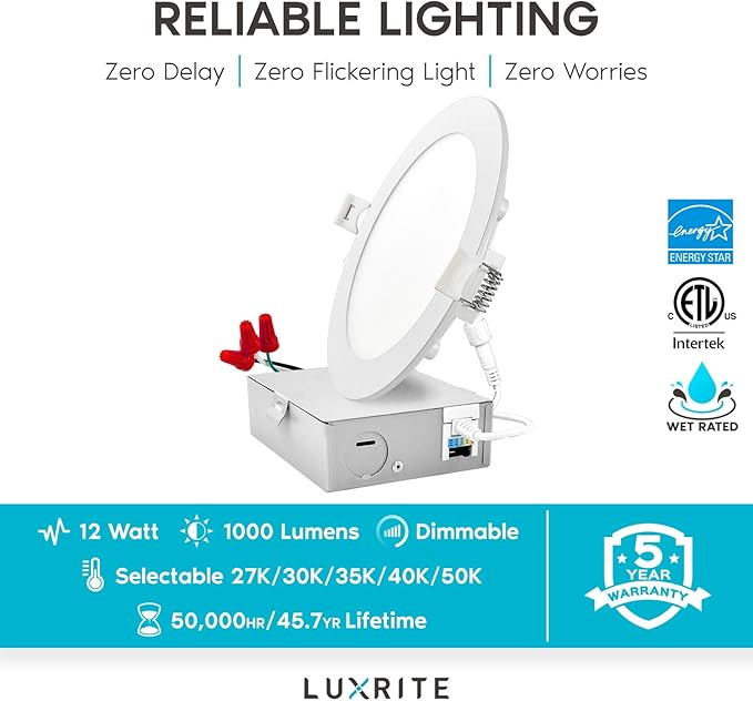 LUXRITE 16 Pack 6 Inch Ultra Thin LED Recessed Light with J-Box, 12W, Color Temperature Selectable 2700K | 3000K | 3500K | 4000K | 5000K, Dimmable Wafer Light, 1000 Lumens, Energy Star, IC Rated