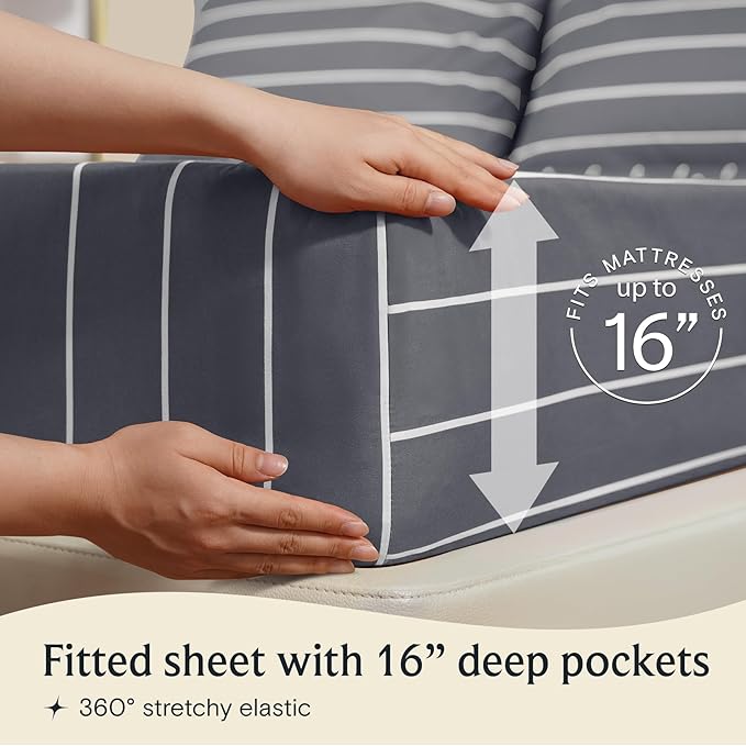 LuxClub 4 PC Queen Sheet Set, Deep Pockets Wrinkle Free Cooling Bed Sheets Hotel Bedding for Women, Men, Includes 1 Fitted Sheet, 1 Flat Sheet and 2 Pillowcases-Striped - Light Grey