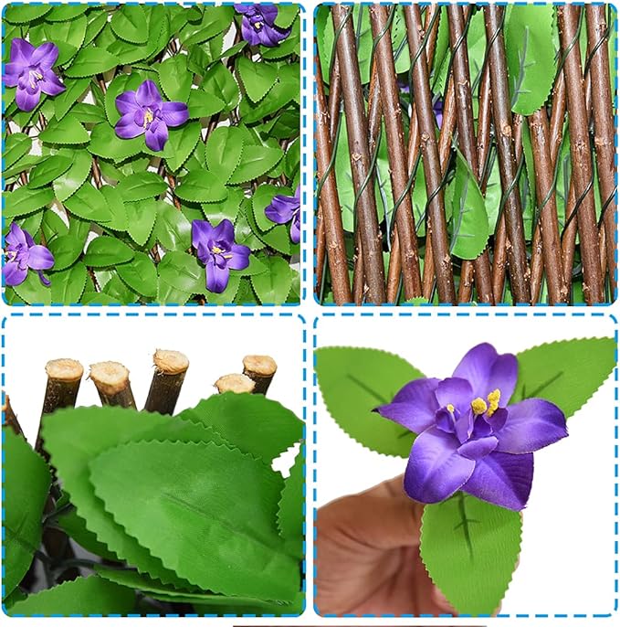Sumery Expandable Fence Privacy Screen for Balcony Patio Outdoor,Decorative Faux Ivy Fencing Panel,Artificial Hedges (Single Sided Leaves) (1, Green Flowers)