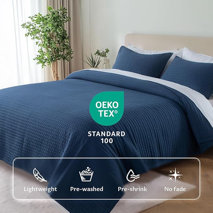 KASENTEX Oversized King Quilt Set 112"x106" – Soft Washed 3-Layer Lightweight California King Bedspread, Minimalist Nordic Design, All-Season Quilt Bedding (1 Quilt + 2 Pillow Shams), Dress Dark Blue