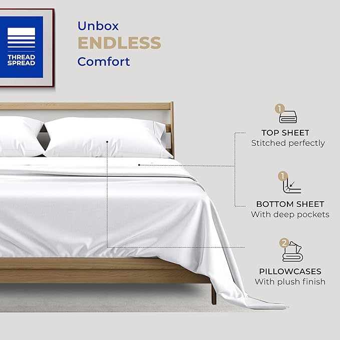 THREAD SPREAD California King Sheets Set - 400 Thread Count 100% Cotton Sheets California King, 4 PC Cal King Sheets Set, Extra Soft, Cooling Bed Sheets, Deep Pocket California King Sheet Set (White)