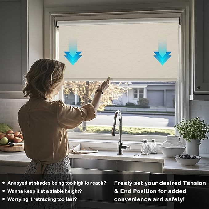 HESTIA No Drill Cordless Blackout Roller Shades Screwless Waterproof Shower Window Blinds, Auto-Retraction Easy Install Blind for Bedroom/Living Room/Kitchen, Cream Linen, 29.5" W x 54" H