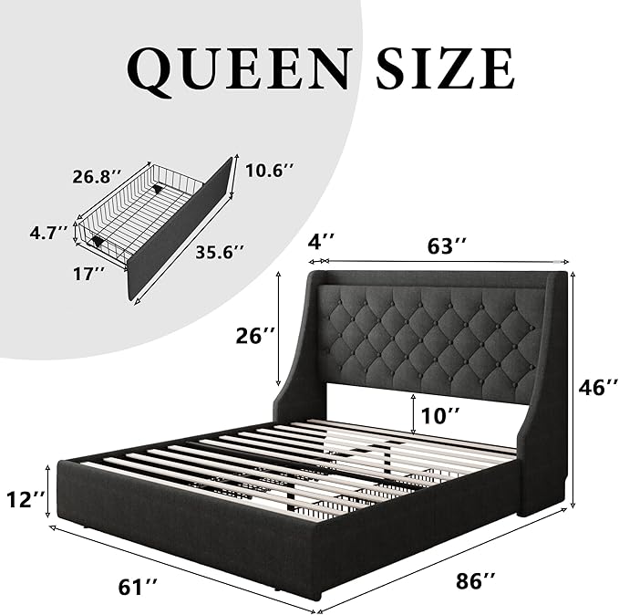 iPormis Queen Bed Frame with 4 Storage Drawers, Upholstered Platform Bed Frame with Type-C & USB Ports, Wingback Storage Headboard, Solid Wood Slats, No Box Spring Needed, Dark Gray