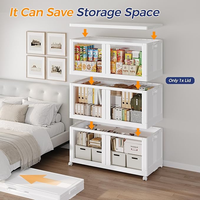 120GAL Large Stackable Storage Bins with Lid and Wheels, 480Qt Collapsible Organizer Cabinet with Clear Door, for Closet, Bedroom, Kitchen, Garage, 4-Pack White