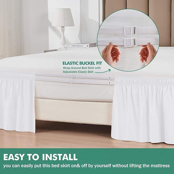 Biscaynebay Wrap Around Bed Skirts with Split Corners for Twin/Twin XL Beds 15" Drop, White Adjustable Elastic Dust Ruffles Easy Fit Wrinkle Resistant Silky Luxurious Fabric Machine Washable