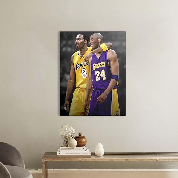 Kobe Bryant Canvas Wall Art Print Poster, Iconic Basketball Player Dual-Era Tribute Artwork, No. 8 and No. 24 Jersey Mamba Mentality Wall Decor for Home Gym Dorm Office Living Room, Framed 8x10inch
