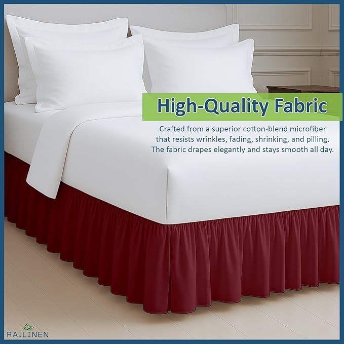 Rajlinen Ruffled Bed Skirt Full, 14 Inch Drop Dust Ruffle with Split Corners, 100% Microfiber Bedskirt with Platform, Three-Sided Coverage Ruffled Gathering Design, Burgundy