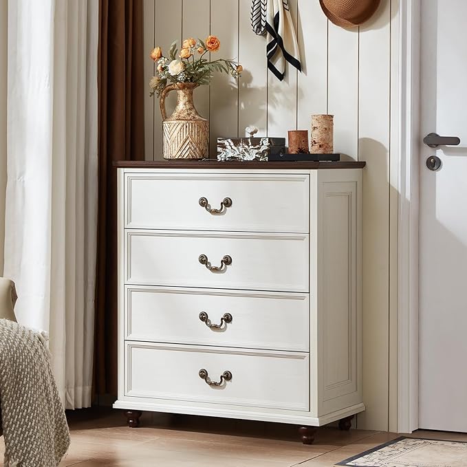 Farmhouse 4 Drawer Dresser Set of 2 for Bedroom, 37" Tall Rustic Chests of Drawers w/ 4 Solid Wood Feet, Mid Century Vintage Wooden Closet Storage Dressers Organizer for Living Room, White