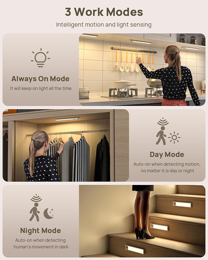 Under Cabinet Lights Wireless,Motion Sensor Light Indoor Closet Lights with Remote Control,3 Color Temps,LED Rechargeable Battery Operated,Under Counter Lights for Kitchen,Wardrobe,Hallway,Stairs
