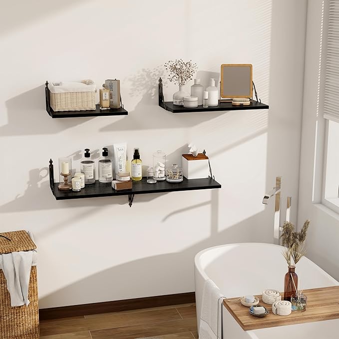 Dreamland Deep Floating Shelves, 55" W x 12" D Wall Shelves Set of 2, Wide Display Shelf Wall Mounted with Brackets, Bookshelf for Living Room, Bathroom, Bedroom, Black