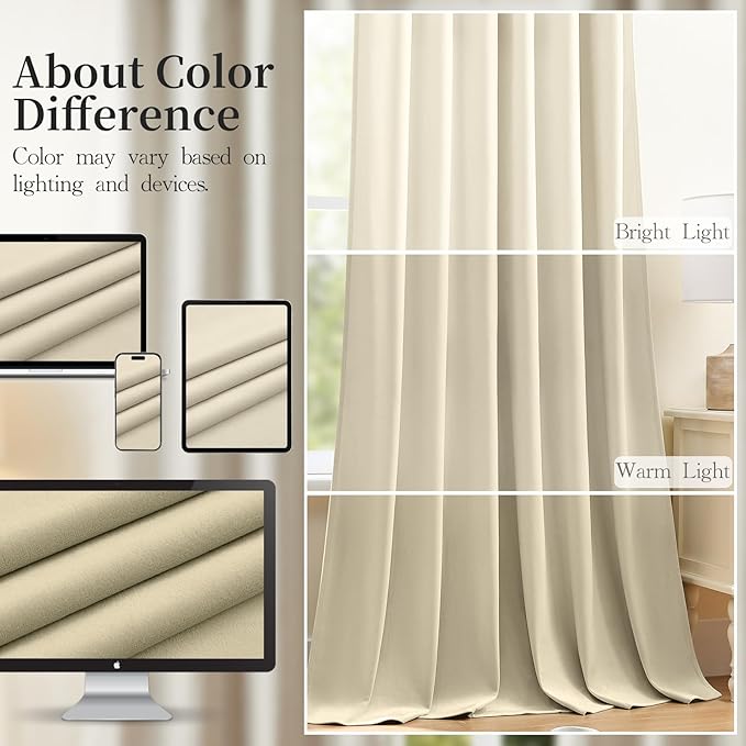 Velvet Curtains 108 Inches Long for Living Room, Luxury Room Darkening Thermal Insulated Soft Heavy Velvet Curtain Privacy Drapes for Home Office, Back Tab Rod Pocket, Ivory, W52 x L108, 2 Panels