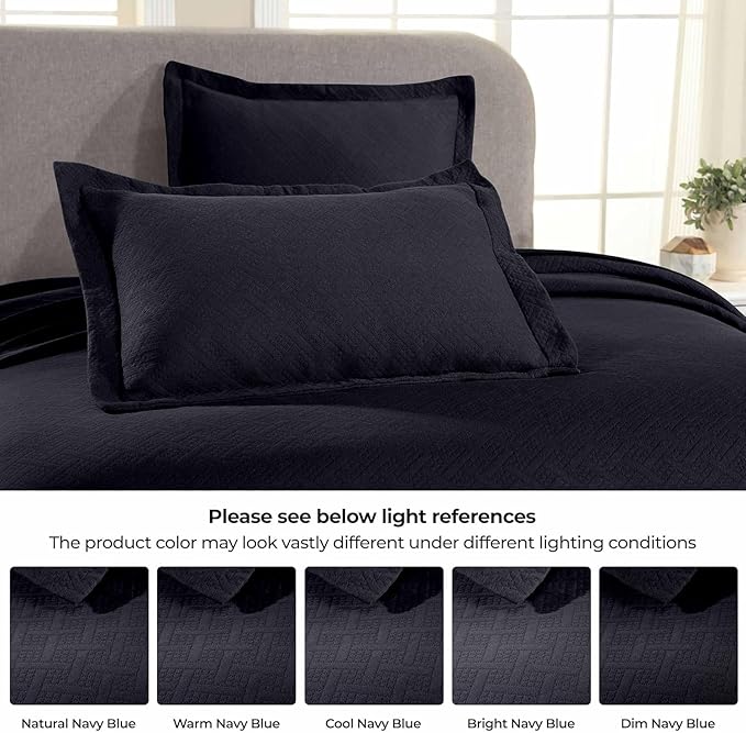 Superior 100% Cotton Basket Weave Bedspread with Shams, All-Season Premium Cotton Matelasse Jacquard Bedding, Quilted-Look Geometric Basket, King, Navy Blue