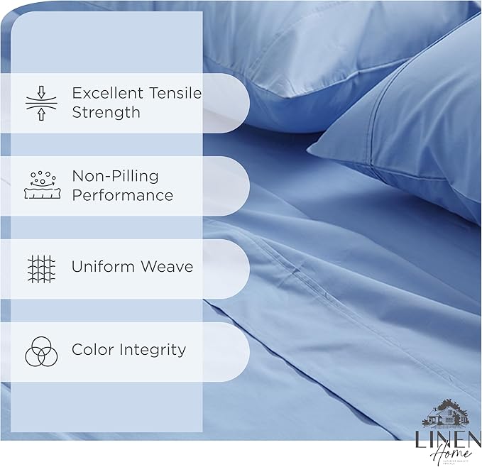 Linen Home 100% Cotton Percale Sheet Set, Queen Size, Baby Blue, Deep Pocket, 6 Pieces Set - 1 Flat, 1 Deep Pocket Fitted Sheet and 4 Pillowcases, Crisp Cool and Strong Bed Linen