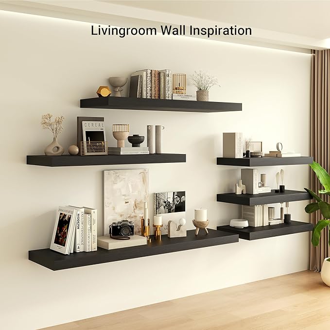 Heimlove 12 Inch Deep Floating Shelves, 72 x 12 inches Long, Large Extra Display & Storage Shelf, Rustic Wood Wall Shelves for Fireplace Mantel, Black - 1Pack