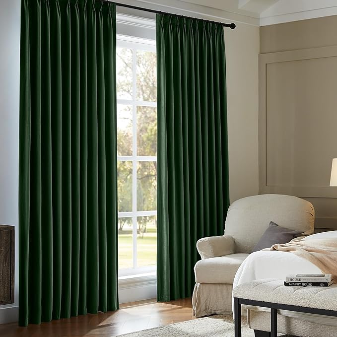 Pinch Pleated 100% Blackout Curtains for Bedroom, Olive Green Velvet Curtains for Living Room, Black Out Curtain 86 inch Long Room Darkening, Blackout Pinch Pleat Drapes with Hooks 2 Panels