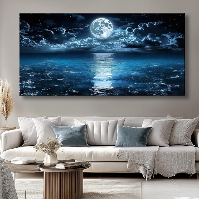 Big Moon Canvas Wall Art - Modern Seascape Paintings for Living Room, Bedroom Wall Decor, Framed Wall Art for Home or Office Decoration, Large Art 60x120cm(24x48in)