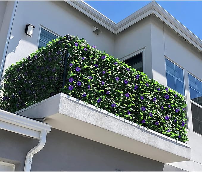 GLANT Expandable Fence Privacy Screen for Balcony Patio Outdoor,Decorative Faux Ivy Fencing Panel,Artificial Hedges (Single Sided Leaves) (1, Purple Flowers)