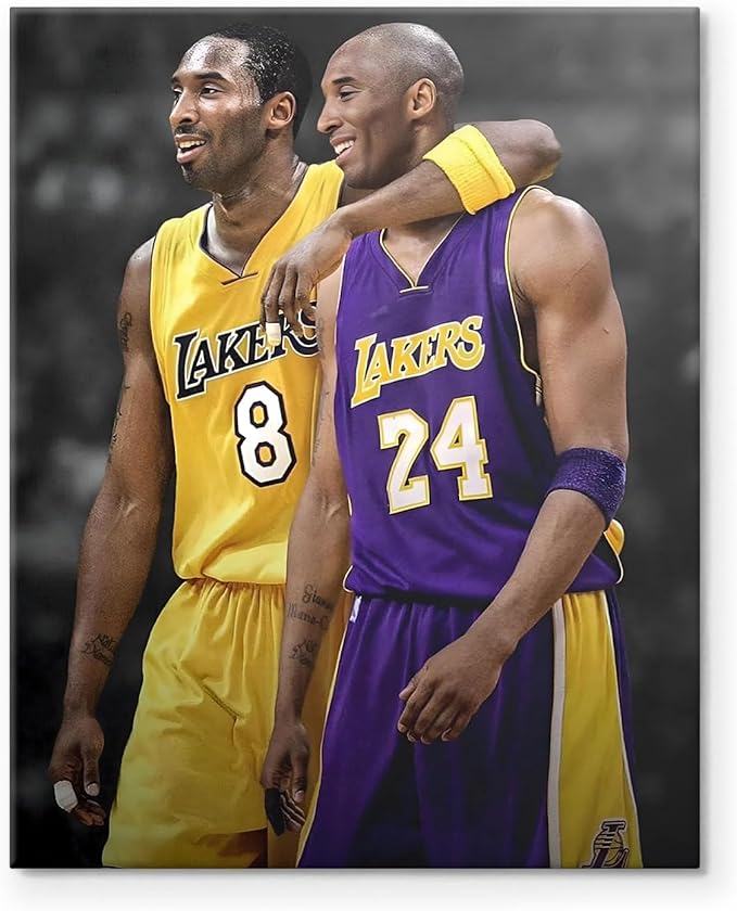 Kobe Bryant Canvas Wall Art Print Poster, Iconic Basketball Player Dual-Era Tribute Artwork, No. 8 and No. 24 Jersey Mamba Mentality Wall Decor for Home Gym Dorm Office Living Room, Framed 11x14inch