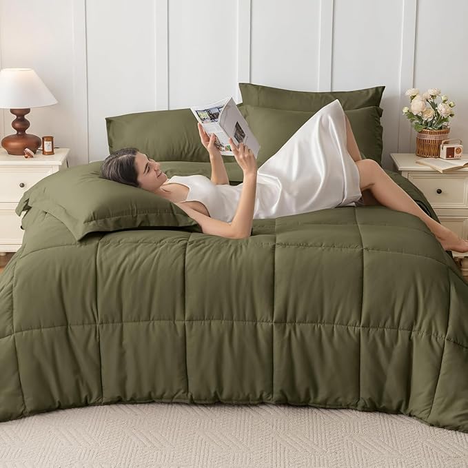 JOLLYVOGUE Queen Comforter Set, Ultra-Soft Bed in a Bag Queen Size 7 Pieces, Oeko-TEX Certified Bedding Set with Down Alternative Comforter, Sheets, Pillowcases & Shams, Olive Green