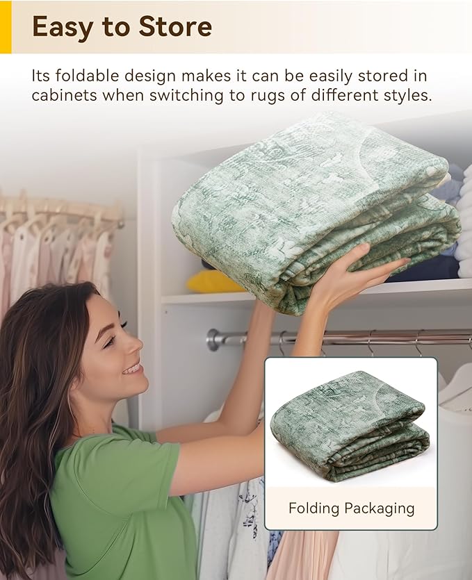Area Rugs 3'x9' Washable Non-Slip, Floral Vintage Distress Print Pattern Medallion Carpet for Living Room Bedroom Dining Room, Dark Green Gray