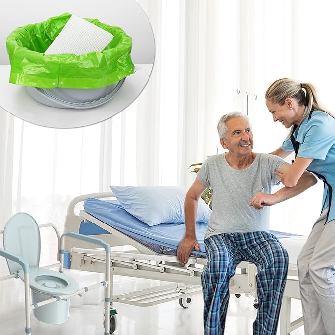 BOOWOO Bedside Commode Liners with Absorbent Pads, 50 Disposable Commode Bags and 50 Pads, Scented Adult Potty Chair Liners, Portable Commode Poop Bags for Commode Chair, Bedpan, Bucket Toilet