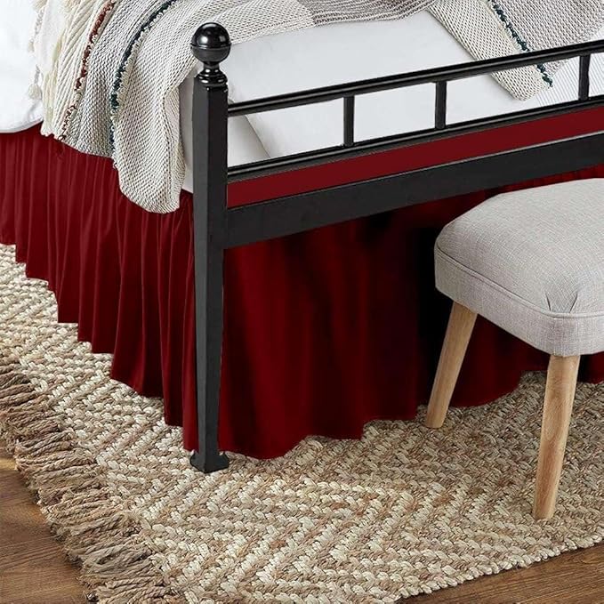 Burgundy Solid Ruffled Bed Skirt King XL-16 Inch Drop Split Corner, Microfiber Bedskirt with Platform Three Sided Coverage