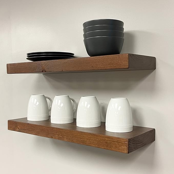 URBANDI, Rustic Floating Shelves, Set of 2, Hidden Bracket, Solid Wood, Heavy Duty, Wall Mounted Shelves, (Provincial, 12Wx6D)