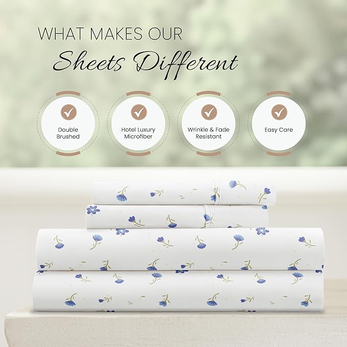 Linen Market Double-Brushed Patterned Microfiber Full Sheet Set 4 Piece – Oeko-TEX Certified Ultra Soft & Wrinkle-Free - 16" Deep Pocket Sheets - Easy Care Full Size - Soft Floral Light Blue