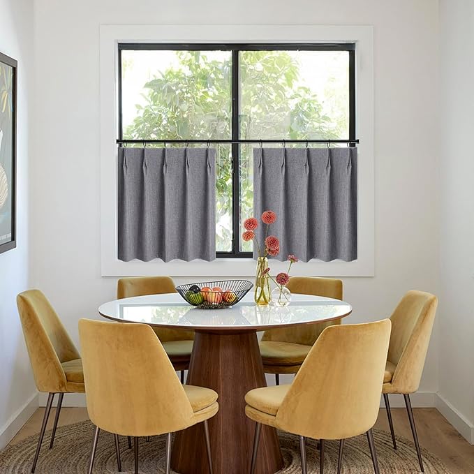WdFour Small Pinch Pleated, Full Blackout Linen Look Window Curtains for Bathroom, Living Room, Bedroom, Block Lights and Offer Privacy.(Dark Gray,24" W x 24" L)