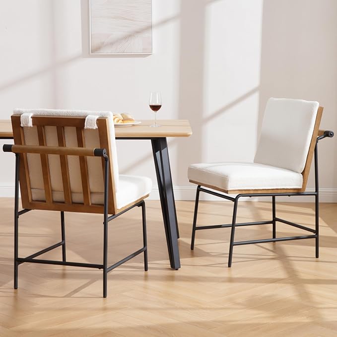 Modern Dining Chairs Set of 4, Comfy Sherpa Fabric Armless Upholstered Side Chairs with Wooden Backrest Black Metal Legs for Dining Room Living Room, White