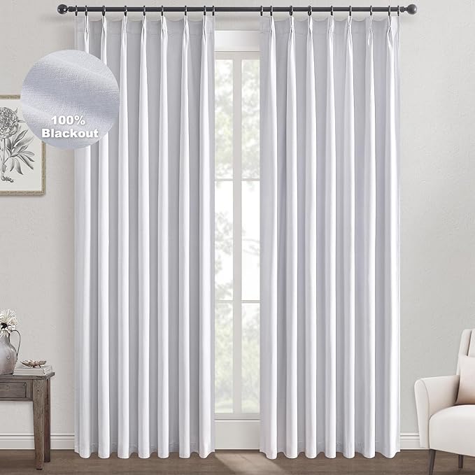 Topfinel White 105 Inches Long Custom Blackout Linen Curtains, Pinch Pleated Noise Cancelling Curtains with Pin Hooks for Traverse Rods, Viral Drapes 2 Panels for Living Room Master Bedroom