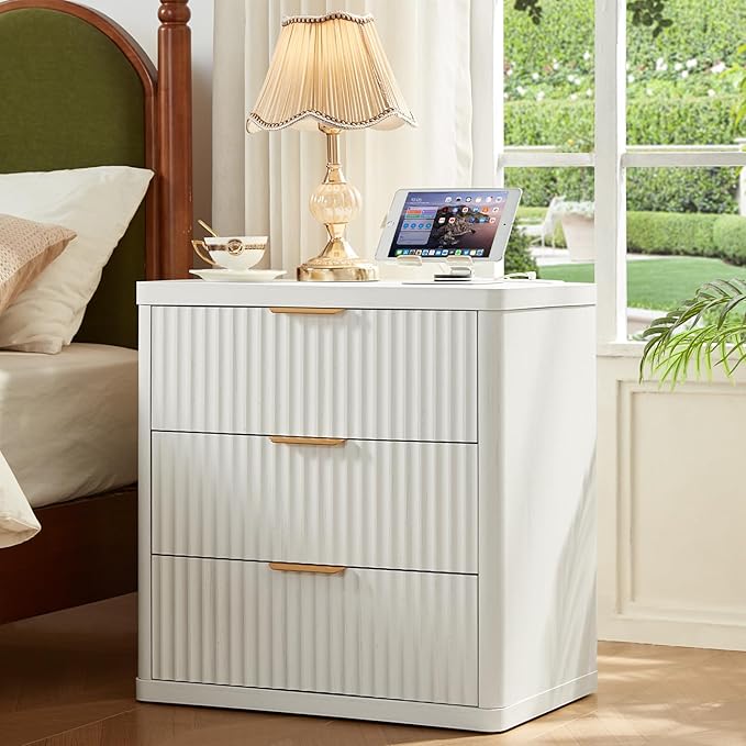LEYAOYAO 42" Tall Fluted Dresser and 3 Drawers 23" Nightstand Set of 2,Wooden Dresser & Night Stand with Charging Station,3 Piece Bedroom Furniture Set,Chest of Drawer for Living Room,Antique White