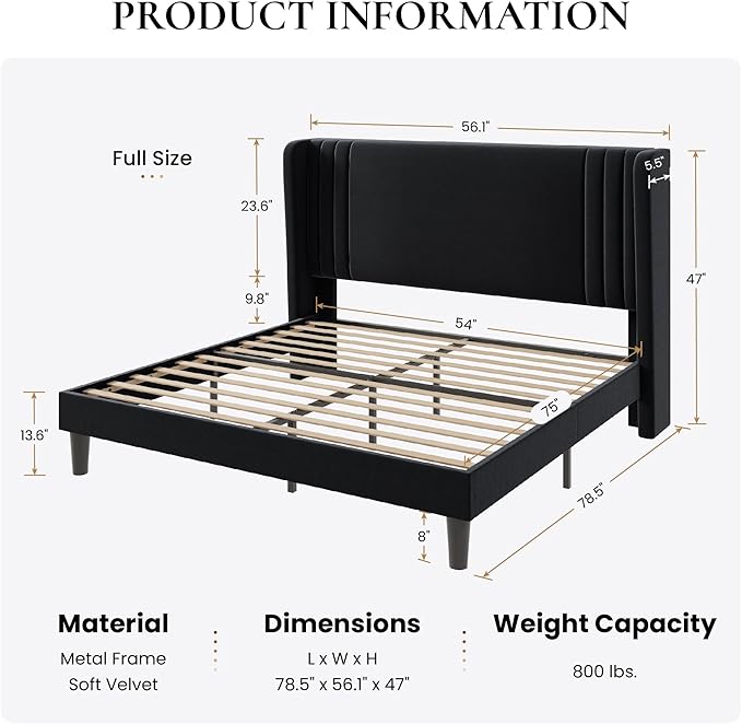 SHA CERLIN Full Size Velvet Upholstered Platform Bed Frame with Vertical Channel Tufted Wingback Headboard, Wooden Slats Support, Easy Assembly, Under Bed Storage, No Box Spring Required, Black