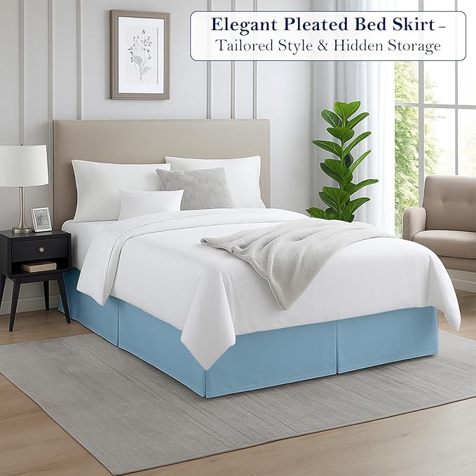Twin Bed Skirt, Luxury 18 Inch Drop Light Blue Pleated Bed Skirt, Double Brushed Microfiber, Box Pleat Design, Wrinkle & Fade Resistant, Easy Fit Tailored Bedskirt for Twin Size Beds