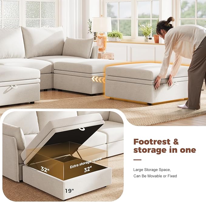 ABCASA 102.6" Modular Sectional Sofa, Oversized 3-Seater White Couch with Removable Chenille Fabric Cover, Deep Seat & High Backrest for Living Room, Office & Apartment