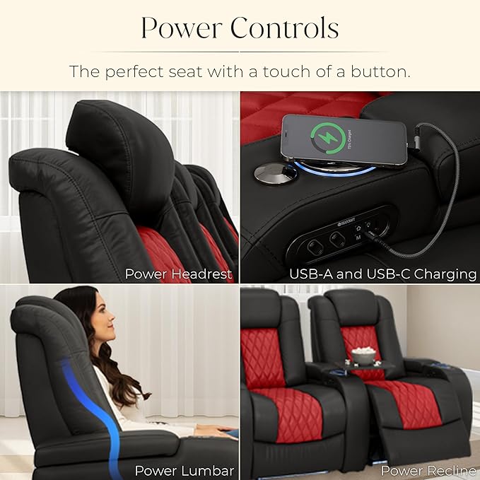 Seatcraft Diamante Zero-Gravity CoolZero Italian Leather Home Theater Seating, Power Headrest, Power Recline, Row of 5, Black/Red