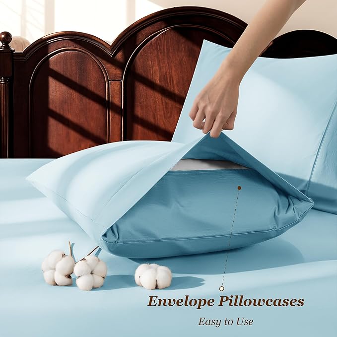 LBRO2M 1000 Thread Count 100% Egyptian Cotton Sheets Set Queen Size, 4 Piece Sets Bed Sheet Deep Pocket Sheet Set 16" Soft Comfortable All Season (Queen, Light Blue)